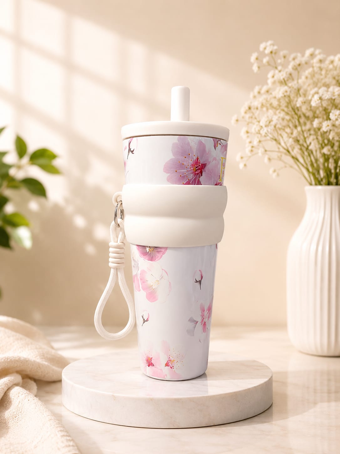 Flower Printed Stainless Steel Tumbler with Straw & Lid