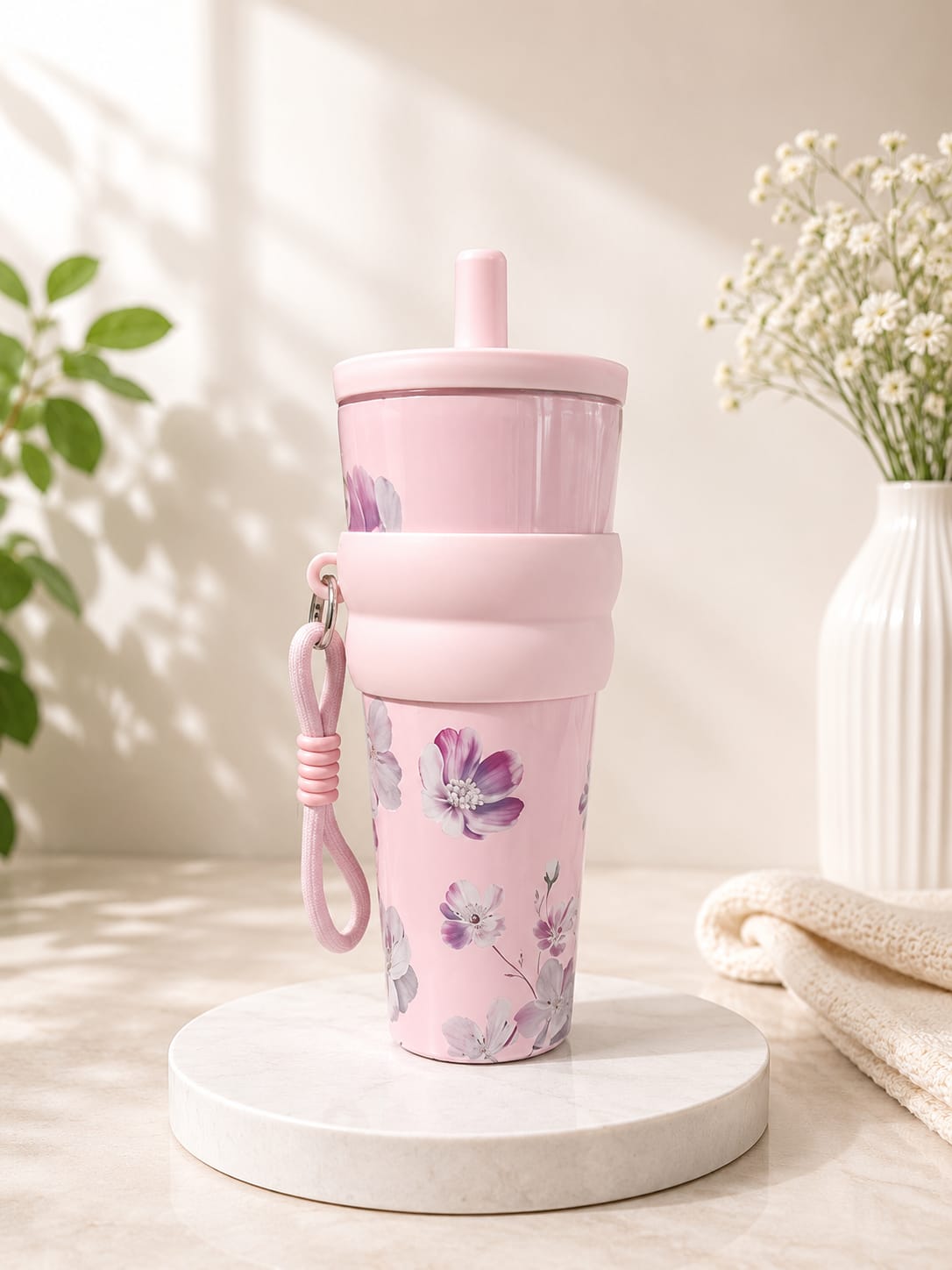 Flower Printed Stainless Steel Tumbler with Straw & Lid