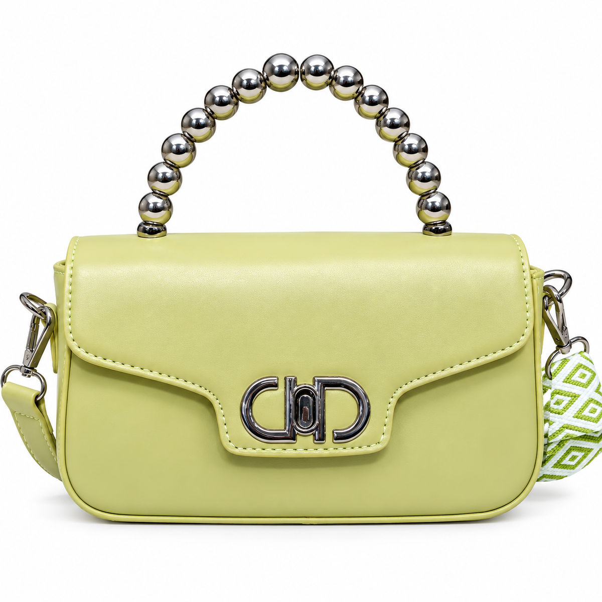 Premium Lime Green Beaded Handle Sling Bag for Women | Detachable Strap Party Wear Handbag