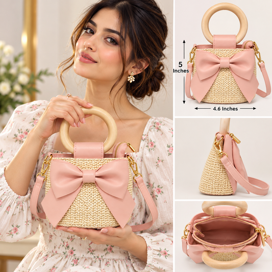 Wooden Handle Bow Straw Mini Bag for Gils