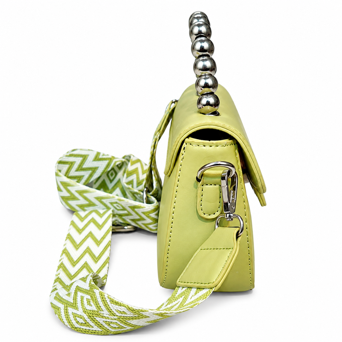 Premium Lime Green Beaded Handle Sling Bag for Women | Detachable Strap Party Wear Handbag