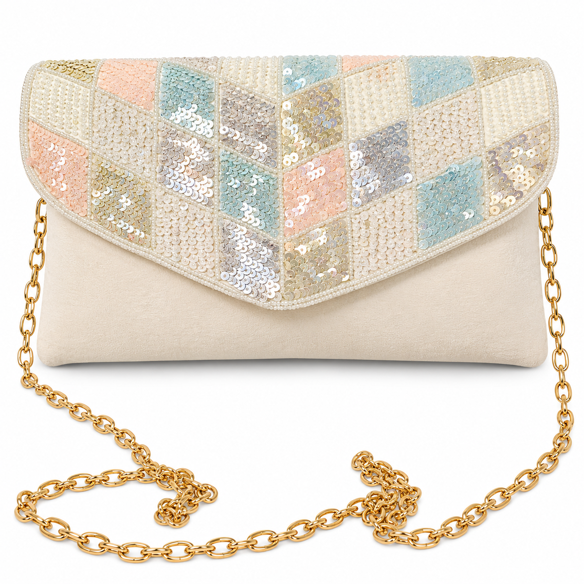 Pastel Mosaic Sequin Party Wear Sling Clutch with Gold Chain Strap