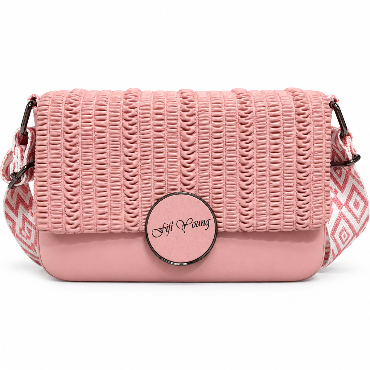 Pink Woven Textured Sling Bag for Women with Adjustable Printed Strap