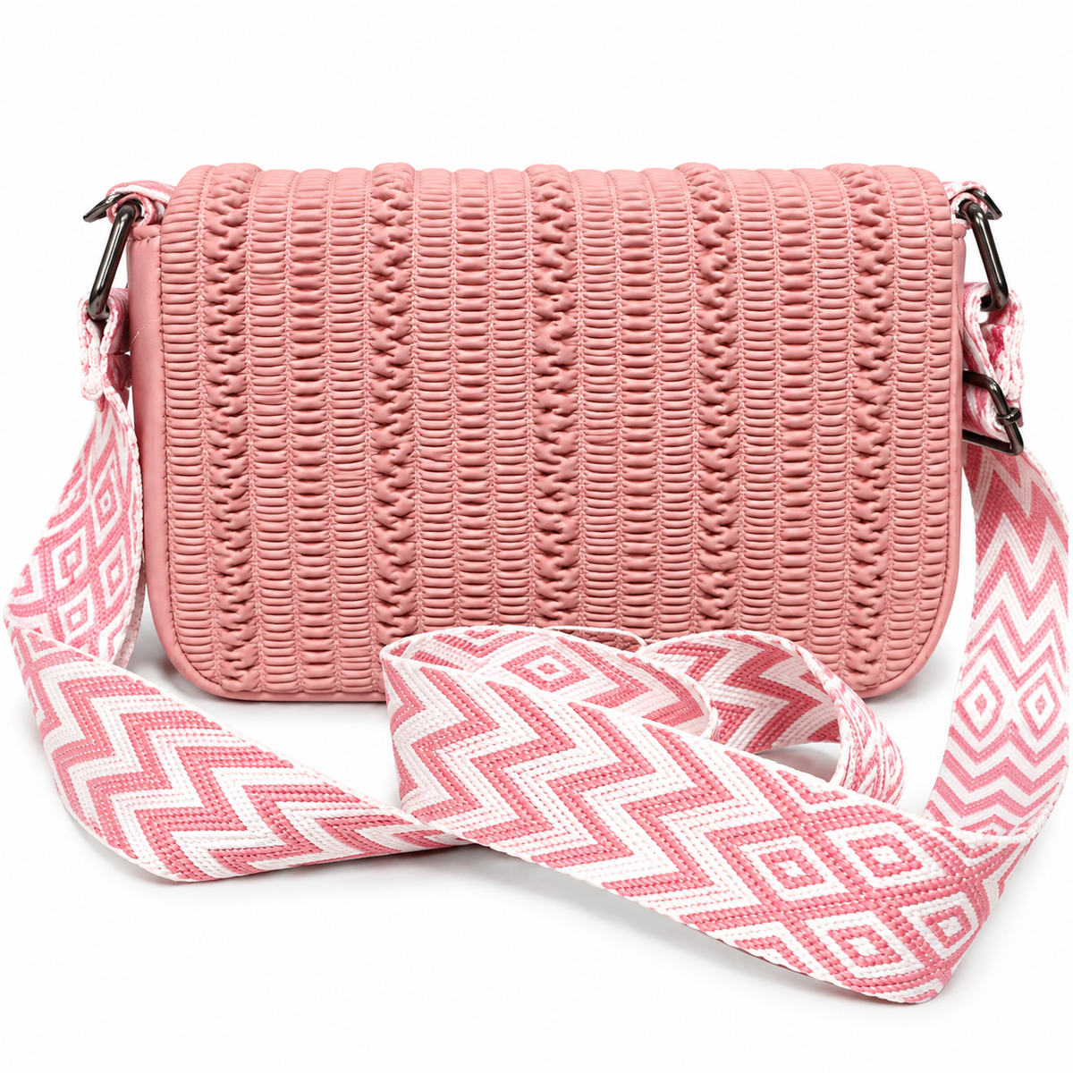 Pink Woven Textured Sling Bag for Women with Adjustable Printed Strap