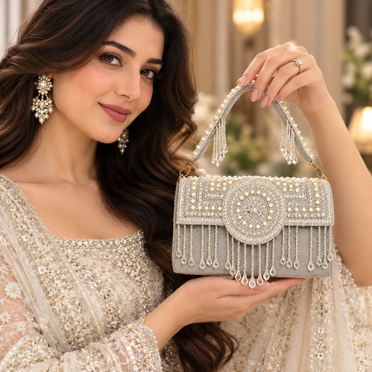 Silver Pearl Crystal Designer Clutch Bag Sling / hand bag for Party weare