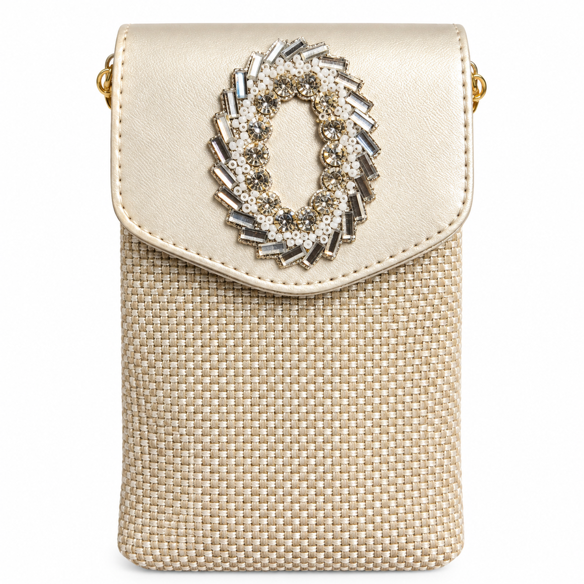 PEARL & SHELL EMBELLISHED PHONE SIZE POUCH BAG