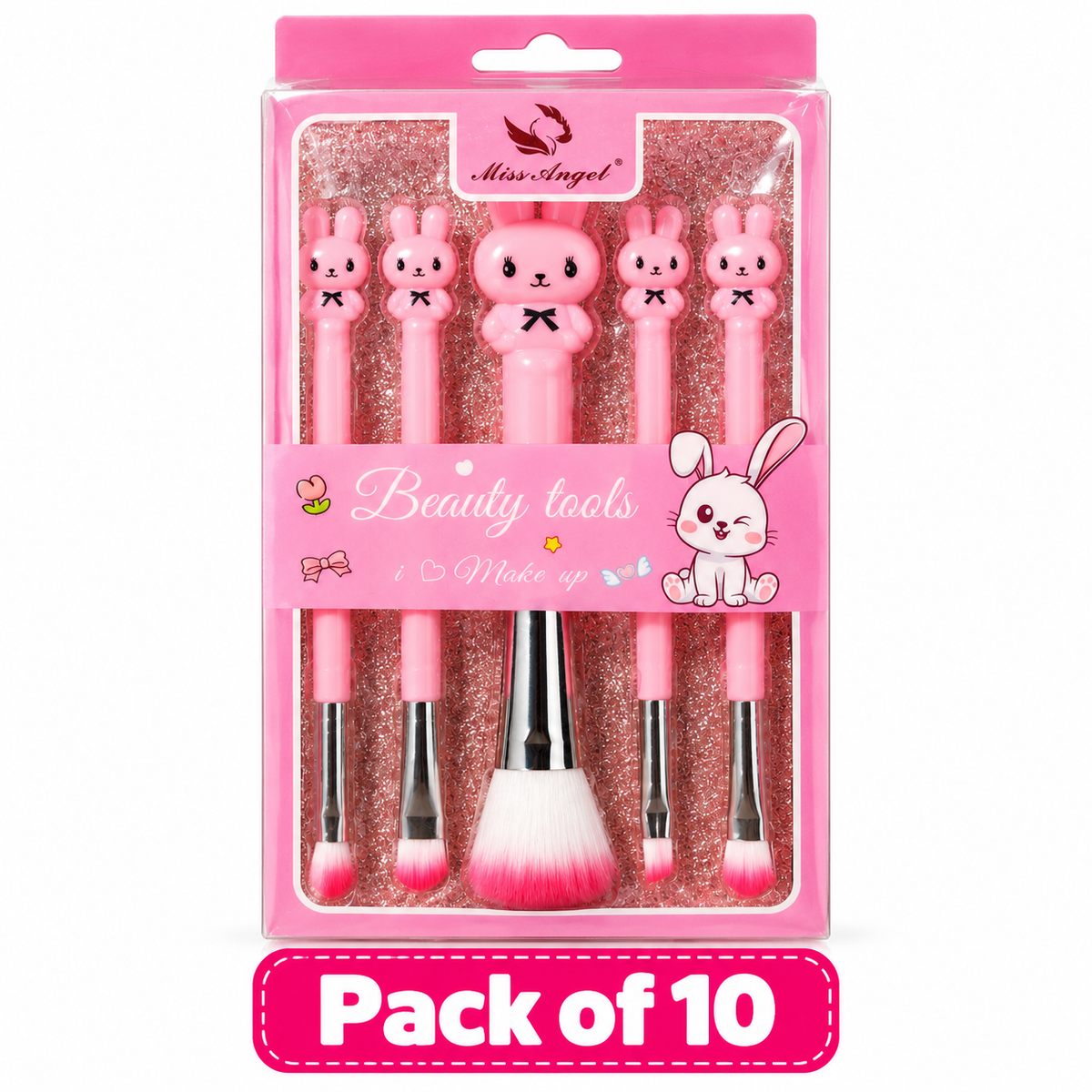 Pink bunny makeup brush set for girls – pack of 10