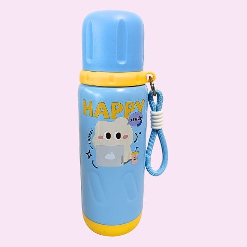 Kids Insulated Water Bottle with Cup | Cute Cartoon Design | Leak Proof | Carry Strap