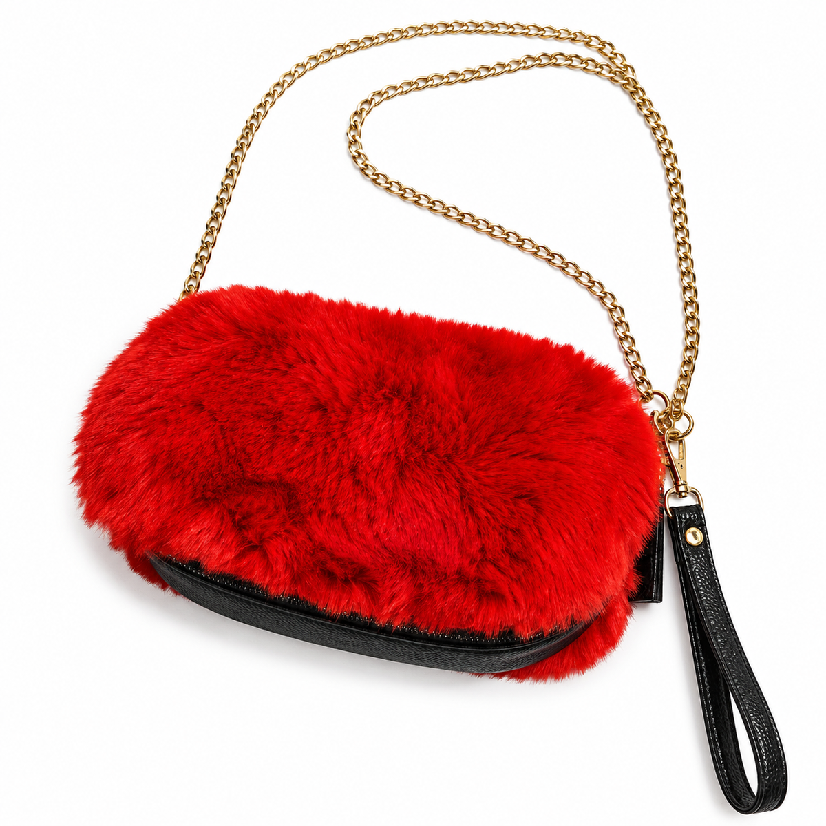 Soft Plush Fur Mini Sling & Hand Bag With Gold Chain