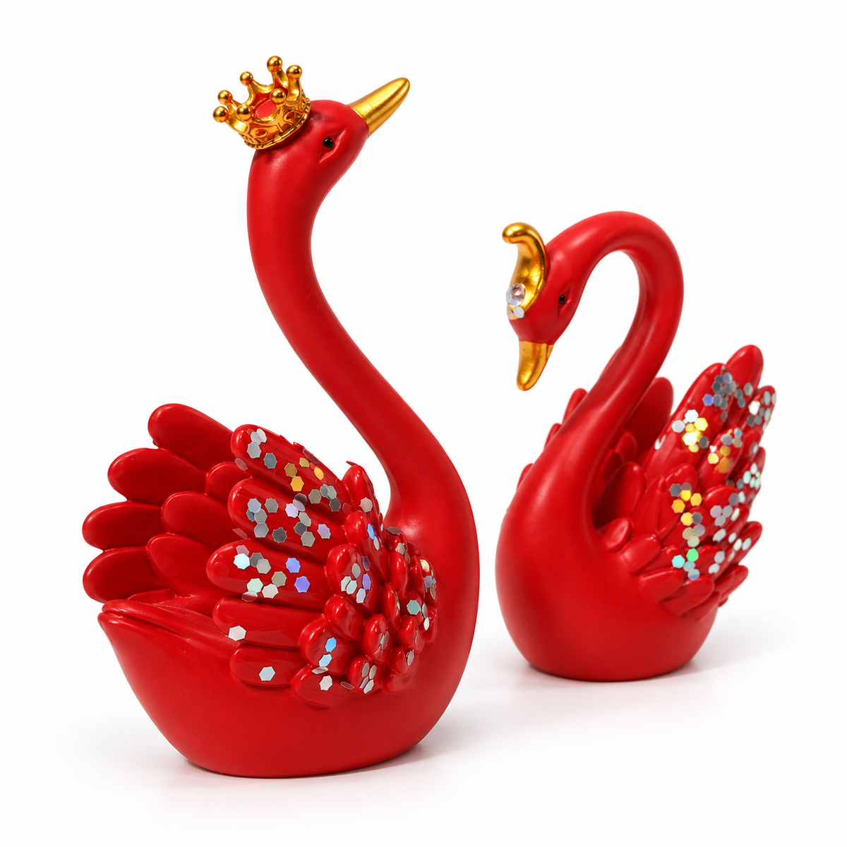 Red swan couple showpiece with golden crowns - luxury artistic home decor showpiece for living room, office, study and tabletop decoration