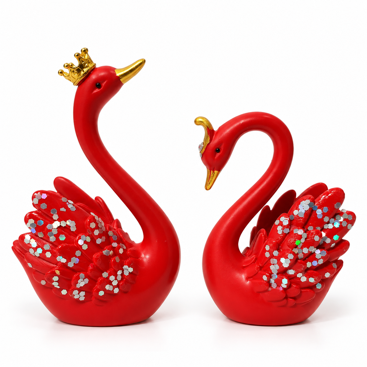 Red swan couple showpiece with golden crowns - luxury artistic home decor showpiece for living room, office, study and tabletop decoration