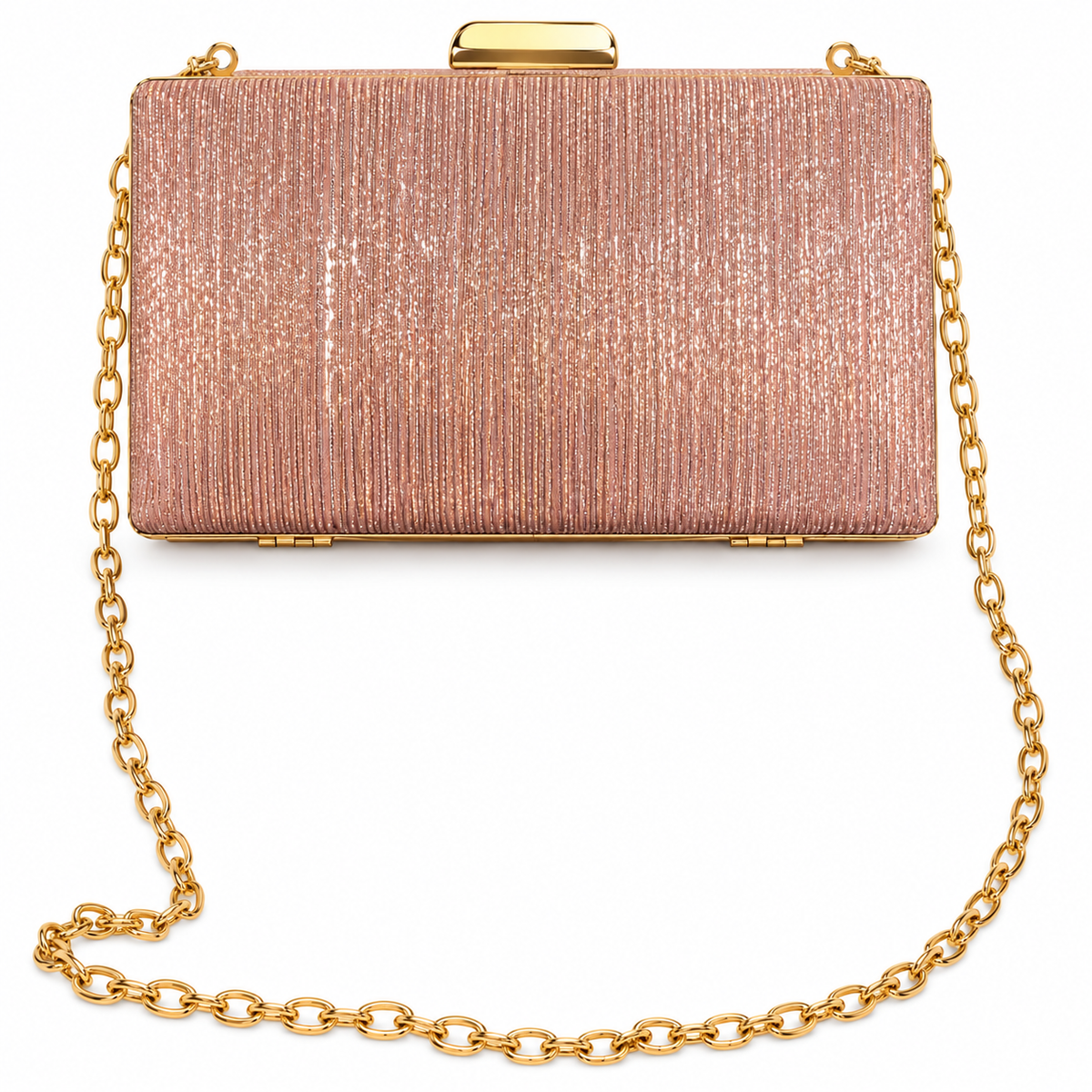 Rose Gold Glitter Party Wear Box Clutch with Detachable Chain Strap
