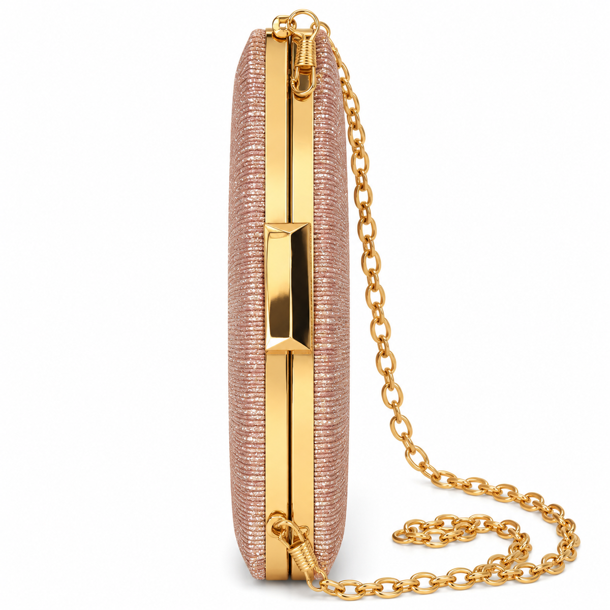 Rose Gold Glitter Party Wear Box Clutch with Detachable Chain Strap