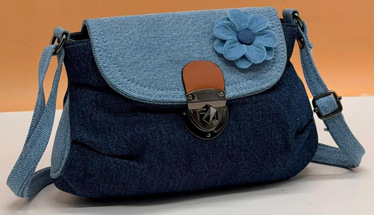 Denim Floral Crossbody Sling Bag For Women | Dual Zip Casual Handbag