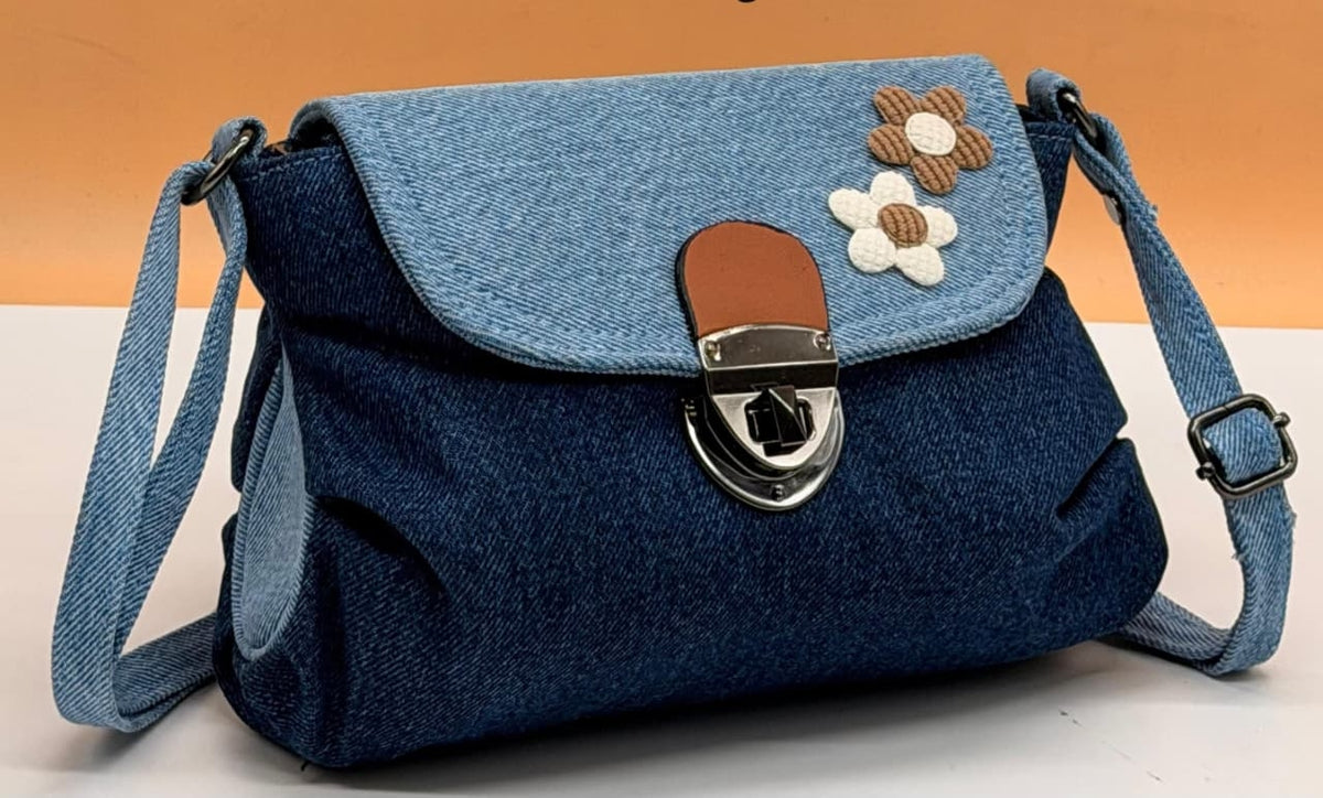 Denim Floral Crossbody Sling Bag For Women | Dual Zip Casual Handbag
