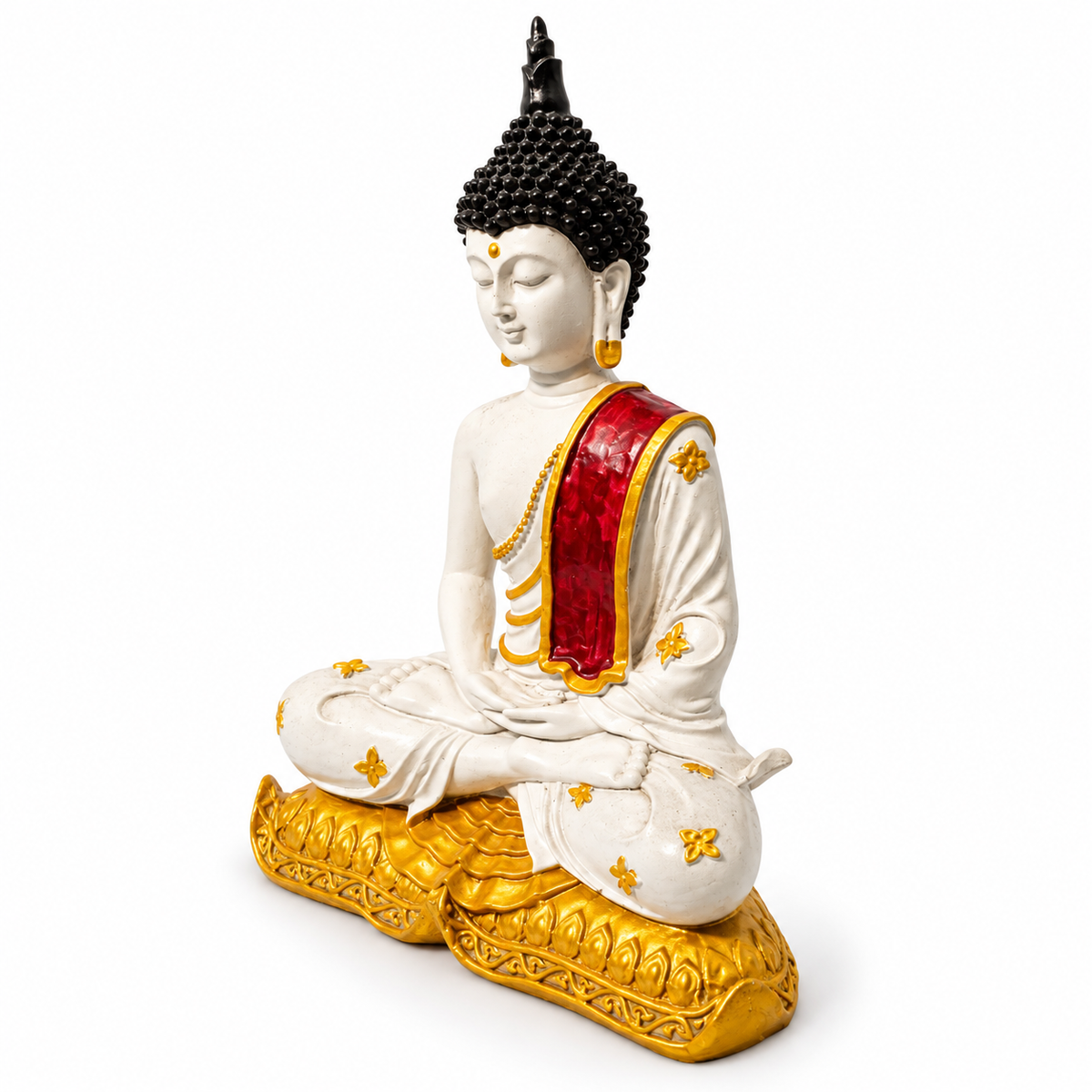 White and gold meditating buddha statue with red robe - luxury artistic home decor showpiece for living room, office, study and tabletop decoration