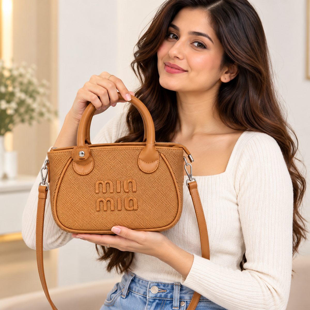 Min Min Stylish Handbag | 2 Zipper Tote Bag with Detachable Adjustable Shoulder Strap | Textured Fashion Purse for Girls & Women