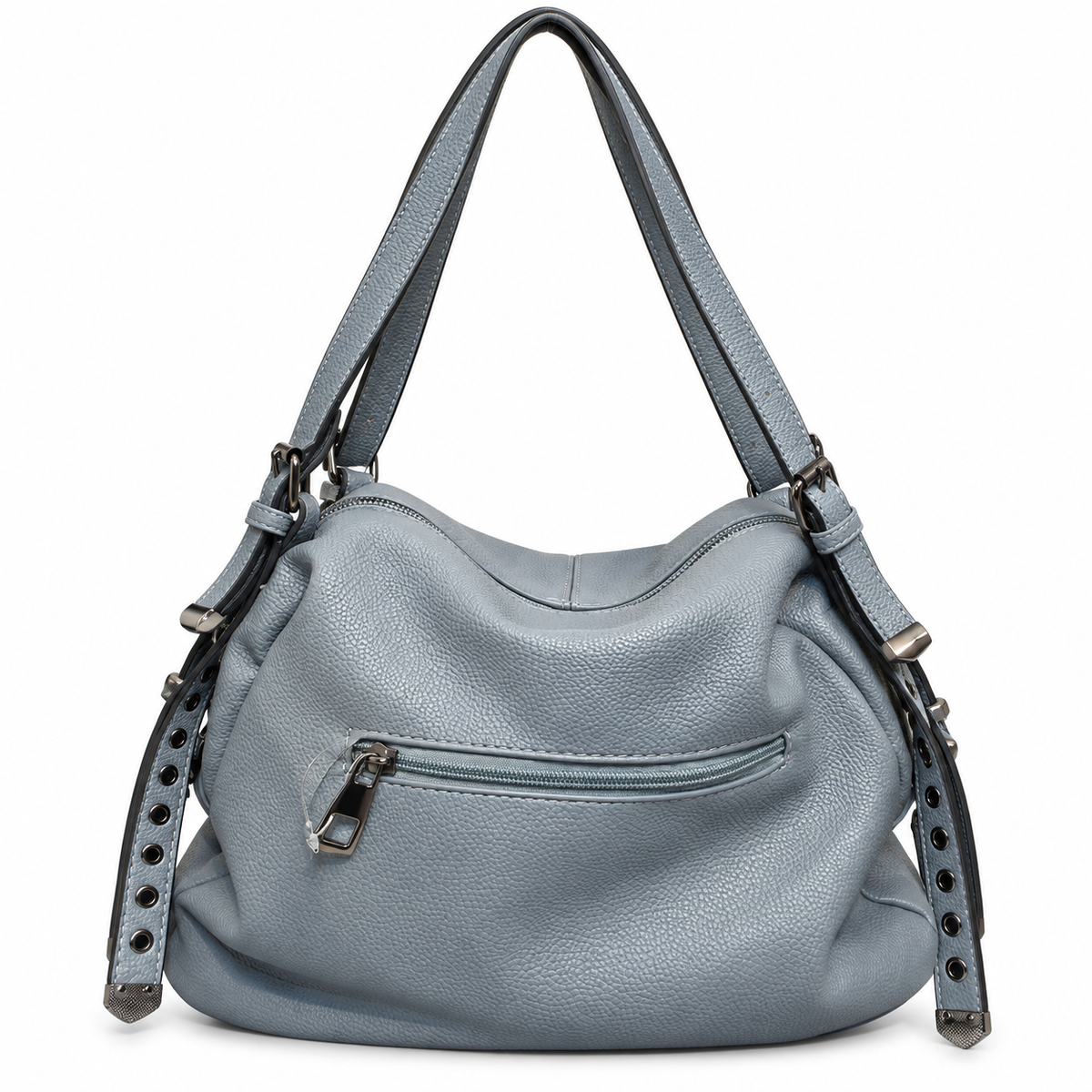 Dusty Blue Studded Hobo Handbag with Detachable Strap – 3 Zip Compartments