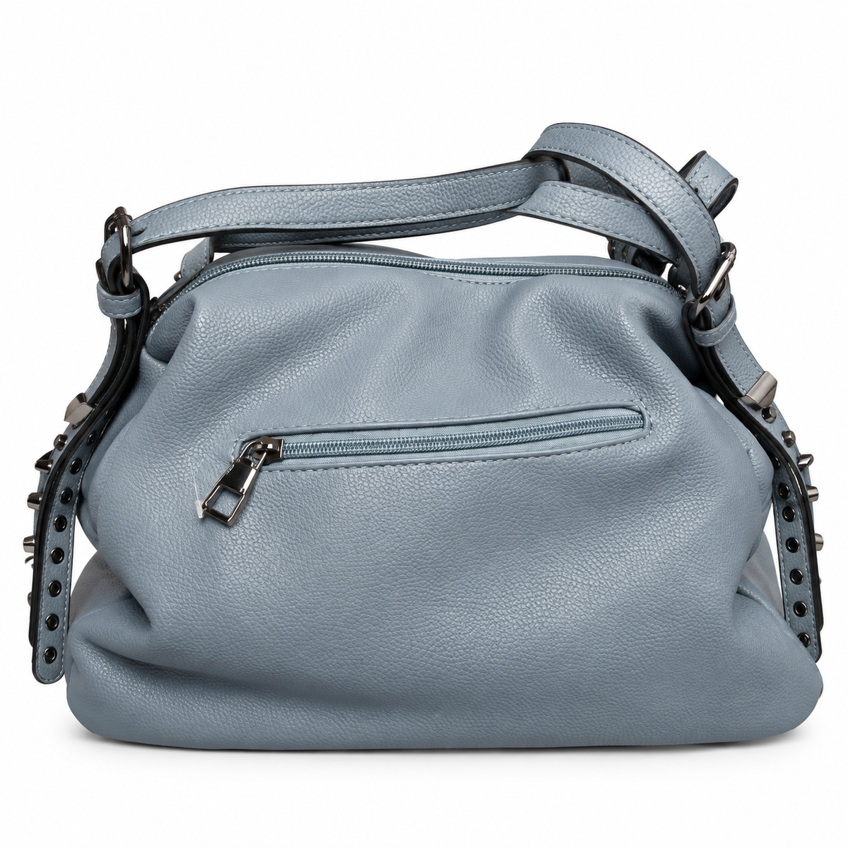 Dusty Blue Studded Hobo Handbag with Detachable Strap – 3 Zip Compartments