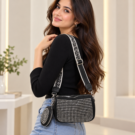 Black Rhinestone Studded Crossbody Bag with Detachable Strap & Coin Pouch