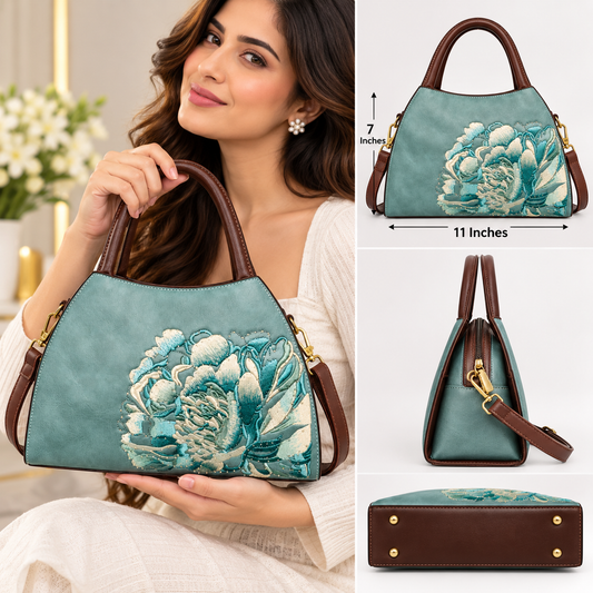 Teal Floral Embroidered 2-Zip Sling & Hand Bag for Women