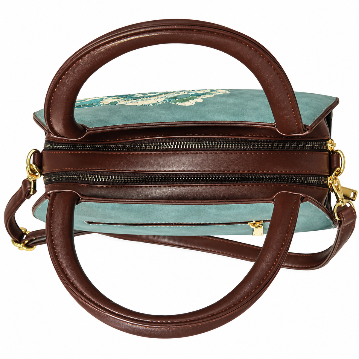 Teal Floral Embroidered 2-Zip Sling & Hand Bag for Women