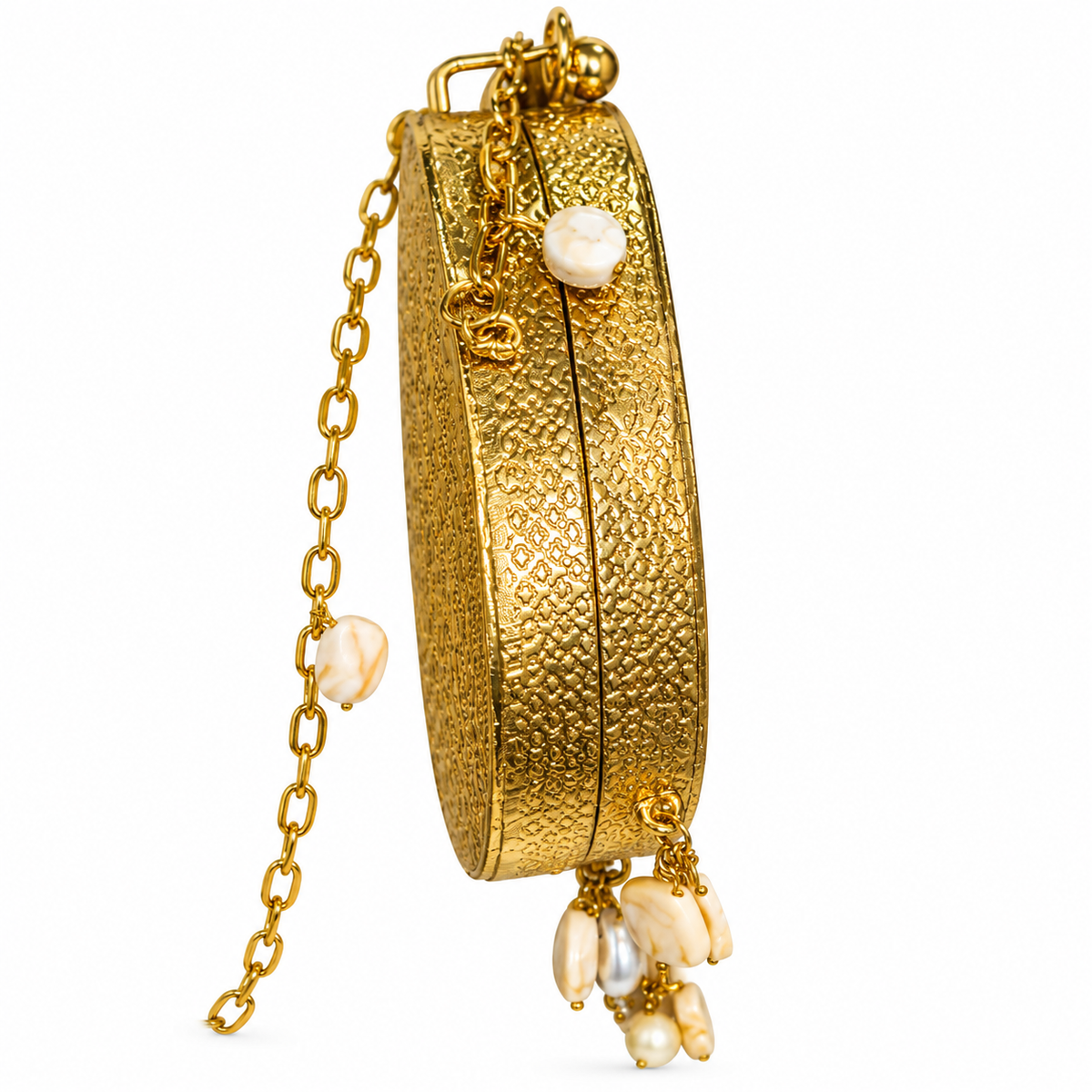 Golden Metal Sling Clutch Bag with Pearl Chain Details