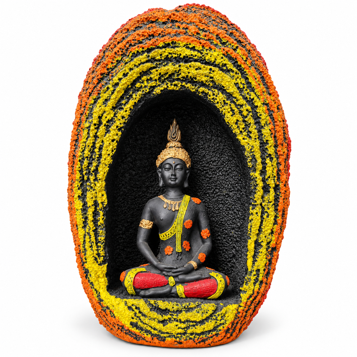 Textured buddha grotto with vibrant orange and yellow detailing - luxury artistic home decor showpiece for living room, office, study and tabletop decoration