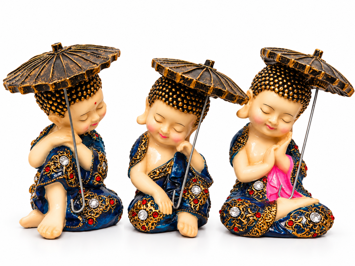 Set of 3 decorative monk showpieces with parasols -premium decorative showpiece for modern home interiors, office desks and stylish spaces