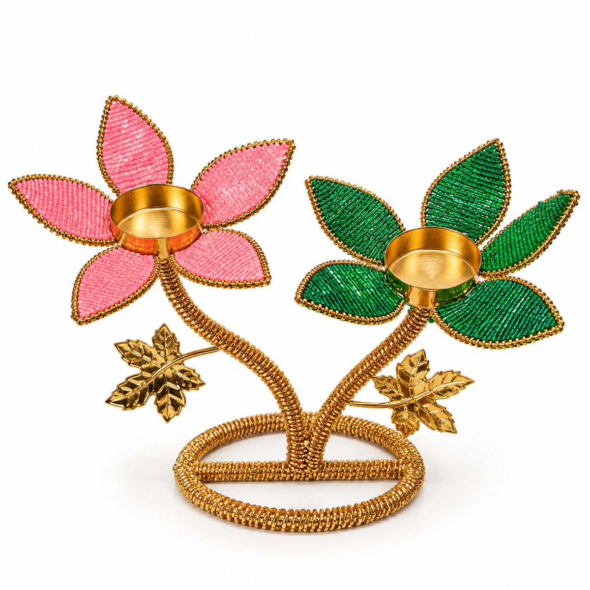 Golden Metal double flower cut dana work diwali tealight holder