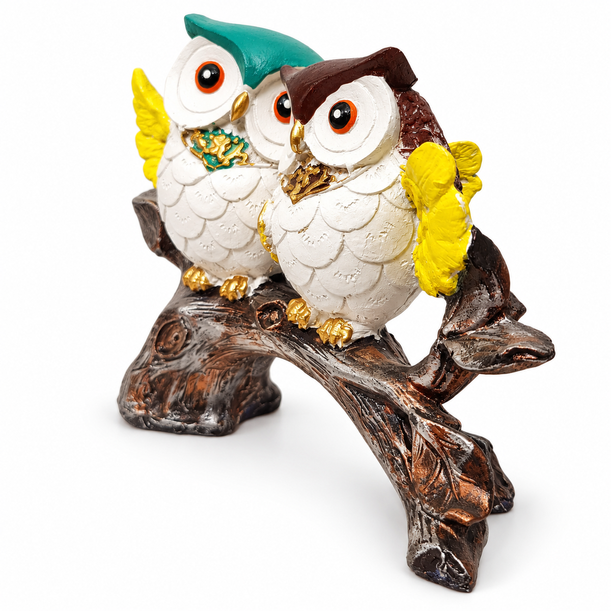 colourful owl couple on tree branch – luxury artistic home decor showpiece for living room, office, study and tabletop decoration