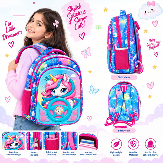 3D Unicorn Printed Stylish Backpack | Spacious Lightweight Bag with Side Bottle Pocket