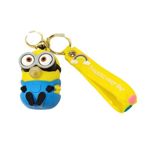 Minion Character Keychain with Rainbow Wrist Strap | Cute Kawaii PVC Keychain for Bag Key