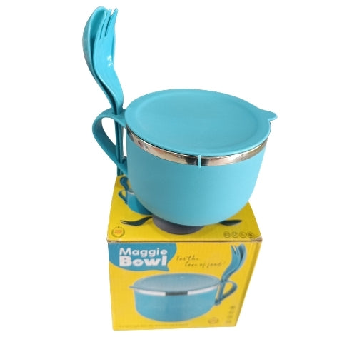 Stainless Steel Insulated Soup & Noodle Bowl with Spoon and Fork | Portable Maggi Bowl with Lid & Handle