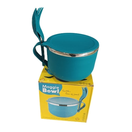 Stainless Steel Insulated Soup & Noodle Bowl with Spoon and Fork | Portable Maggi Bowl with Lid & Handle