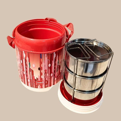 3 Tier Stainless Steel Insulated Lunch Carrier Set | Hot Food Tiffin Box with Carry Handle & Shoulder Strap | Food Grade Lunch Container