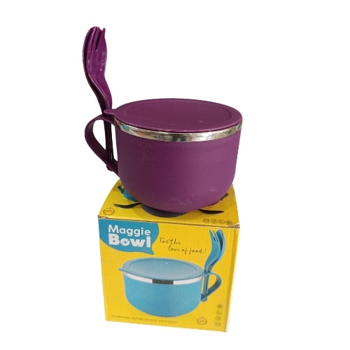 Stainless Steel Insulated Soup & Noodle Bowl with Spoon and Fork | Portable Maggi Bowl with Lid & Handle
