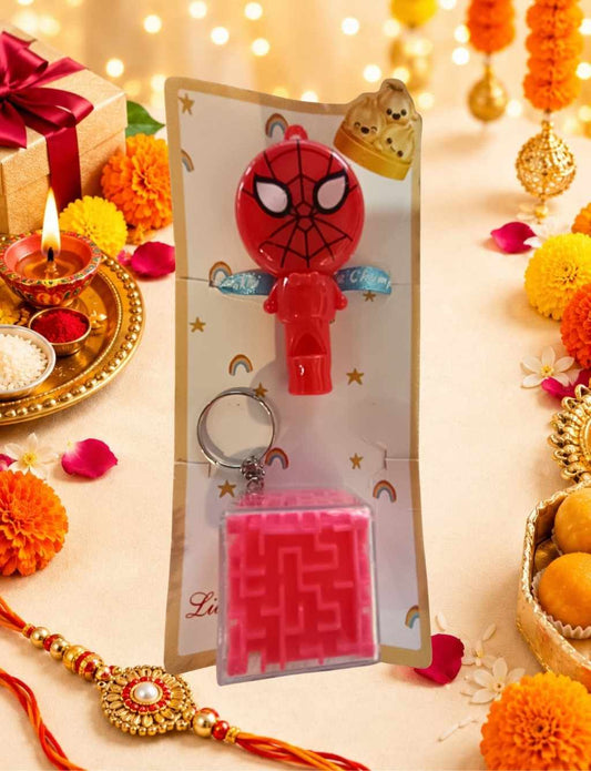 Spiderman Whistle Rakhi with Maze Puzzle Keychain – Fun Toy Rakhi for Kids