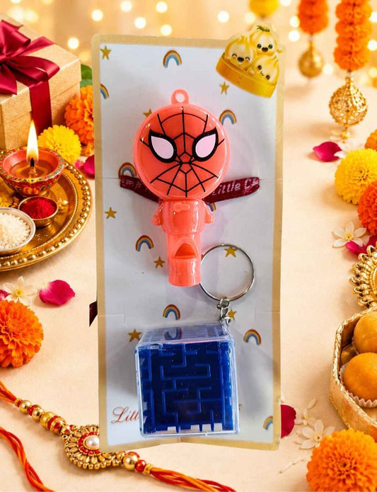 Spiderman Whistle Rakhi with Maze Puzzle Keychain – Fun Toy Rakhi for Kids