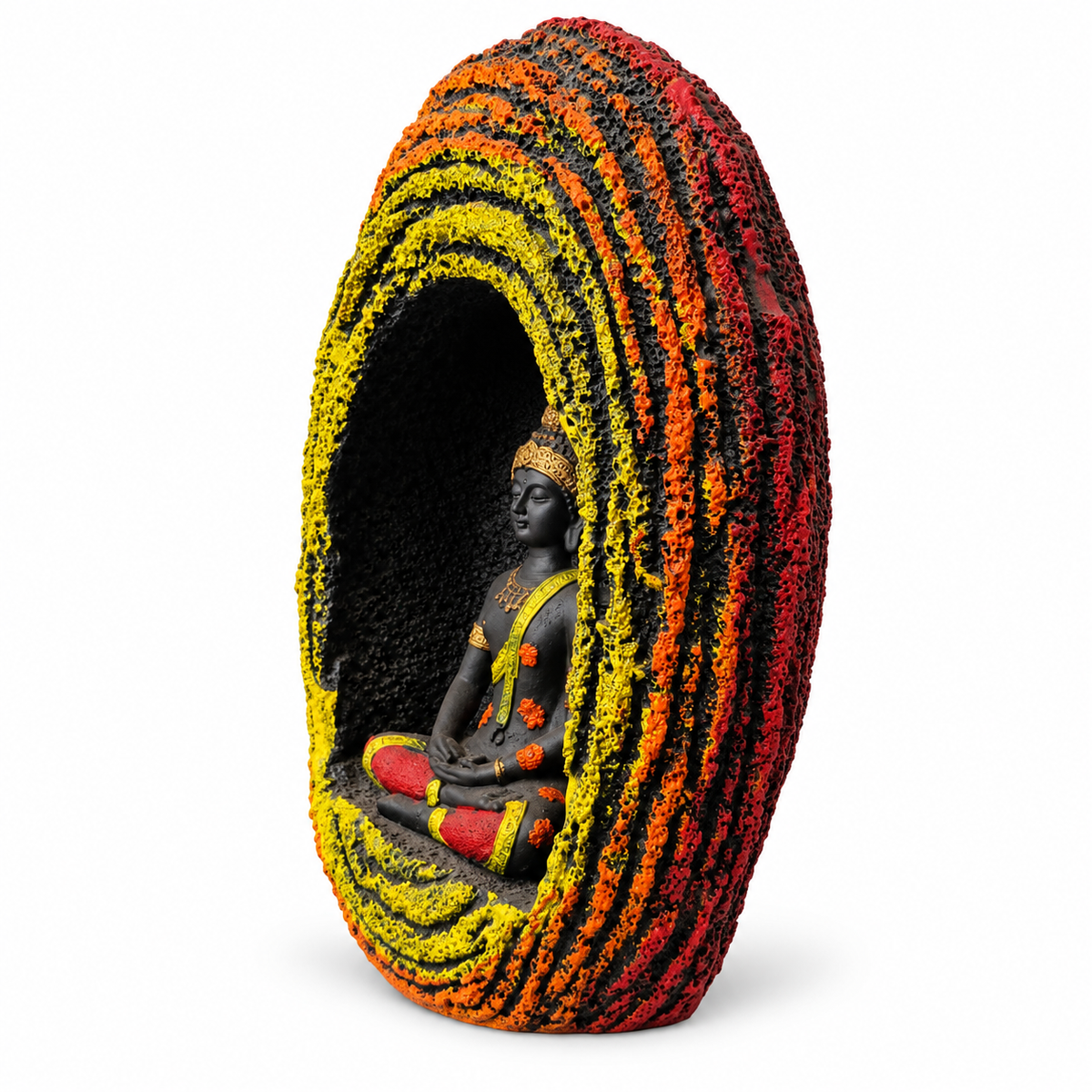 Textured buddha grotto with vibrant orange and yellow detailing - luxury artistic home decor showpiece for living room, office, study and tabletop decoration