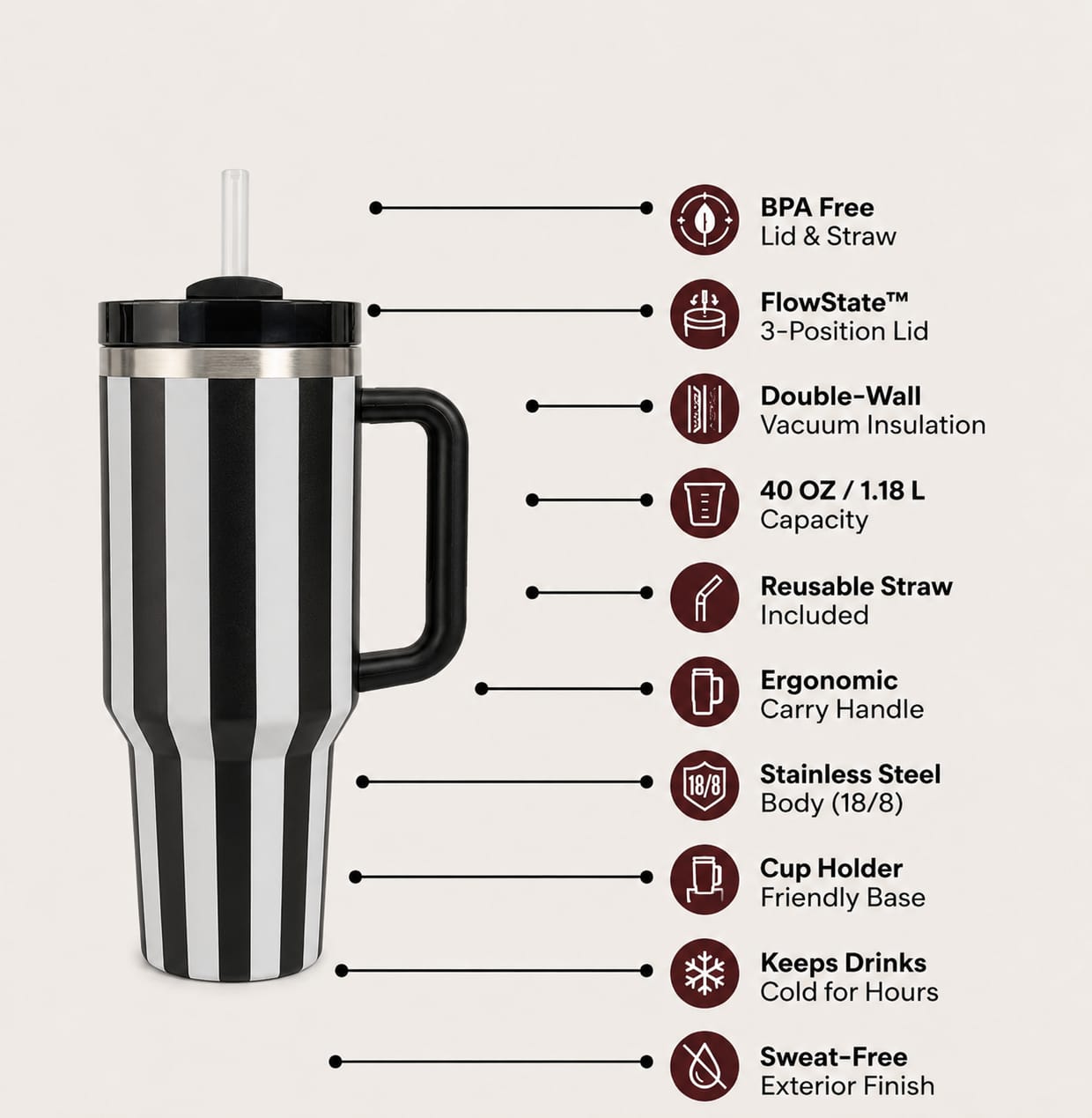 Premium 40oz Black & White Striped Insulated Tumbler with Handle |Perfect for office, travel, gym, and daily use.