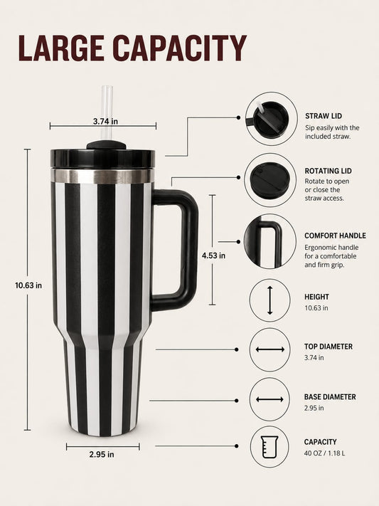 Premium 40oz Black & White Striped Insulated Tumbler with Handle |Perfect for office, travel, gym, and daily use.