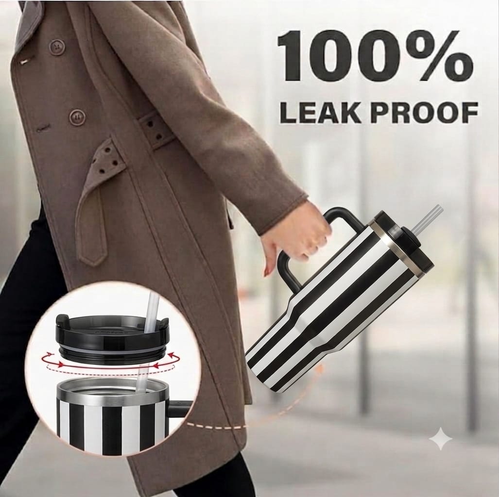 Premium 40oz Black & White Striped Insulated Tumbler with Handle |Perfect for office, travel, gym, and daily use.