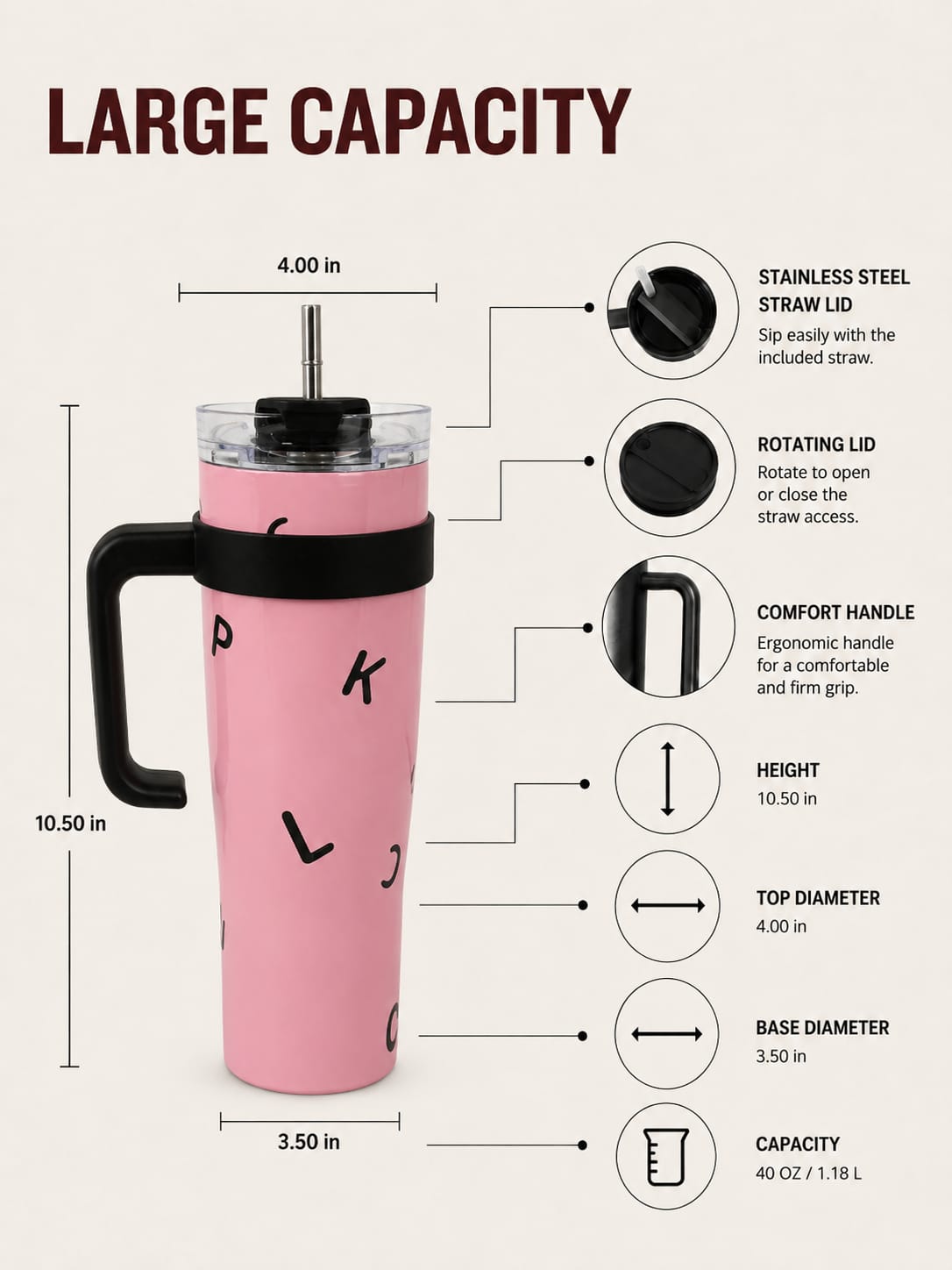 100% P!NK Stainless Steel Insulated Tumbler with Handle & Steel Straw – 40 OZ