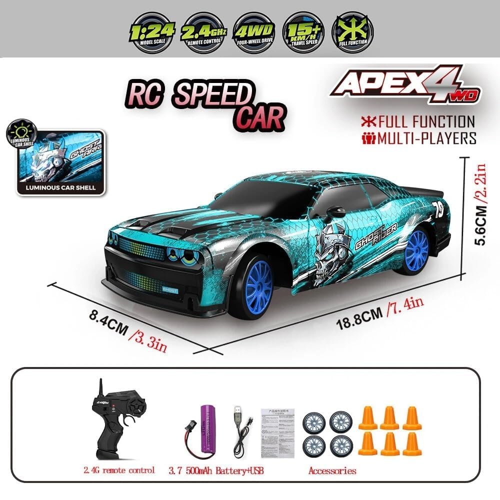 RC Drift Racing Car APEX 4WD 2.4GHz, Rechargeable Battery & Traffic Cones – Ghost Rider Edition
