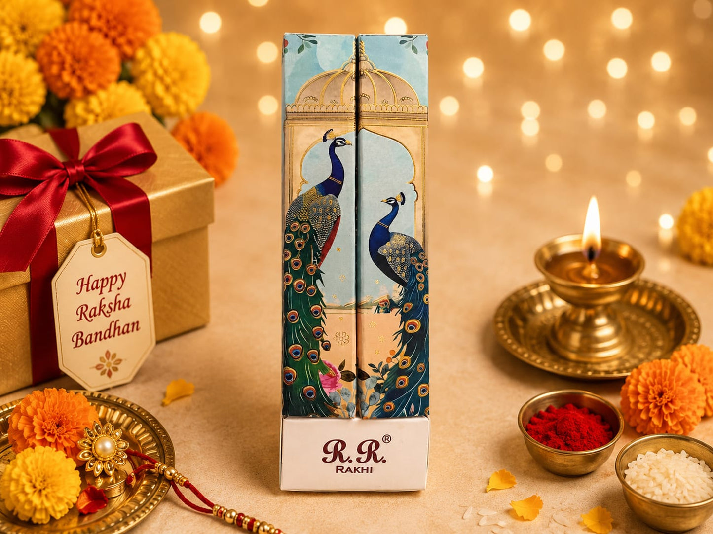 Premium Peacock Designer Rakhi Gift Box | Elegant Raksha Bandhan Rakhi for Brother