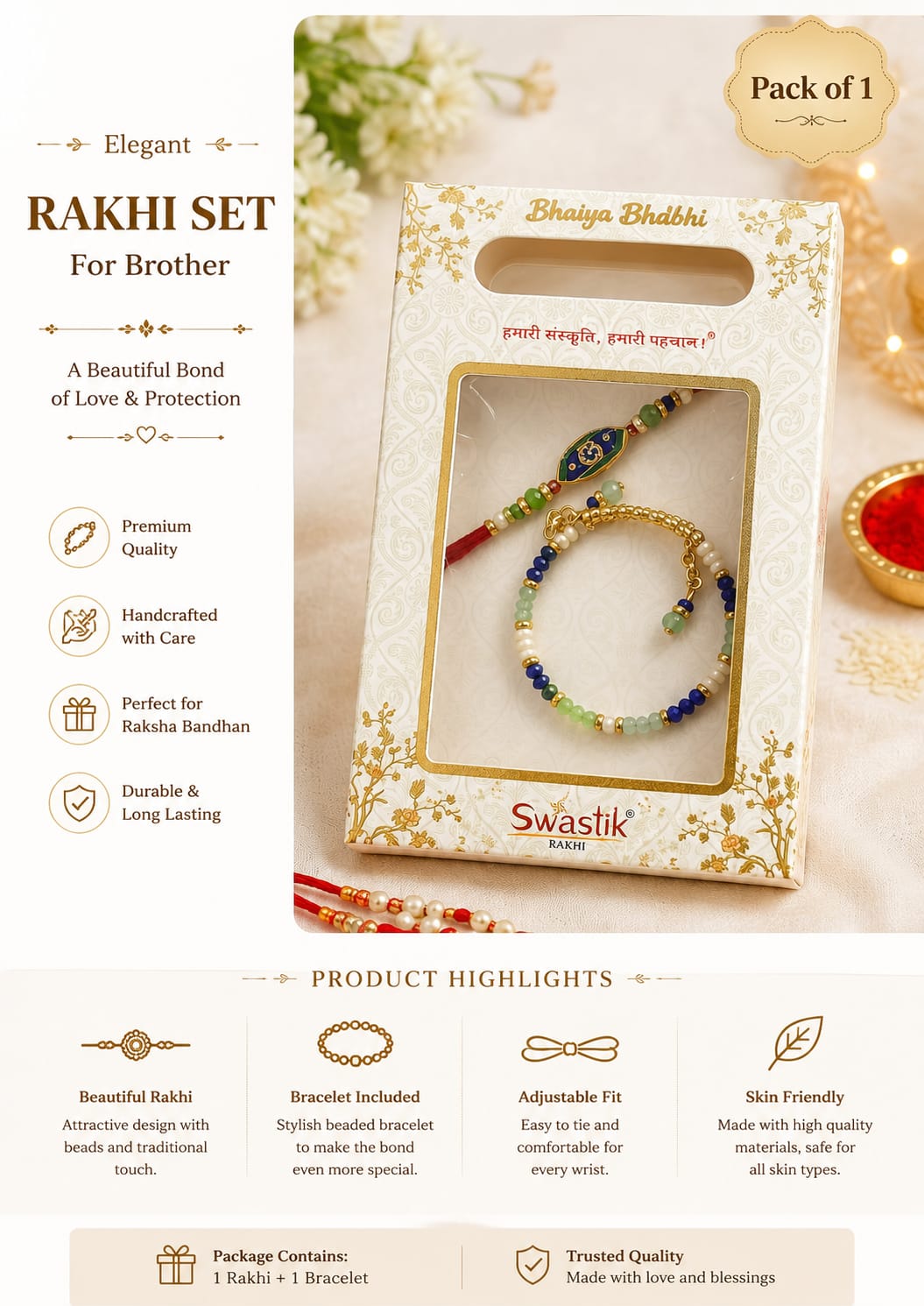Premium Bhaiya Bhabhi Rakhi Set with Multicolor Beads Bracelet | Designer Rakhi Gift Pack