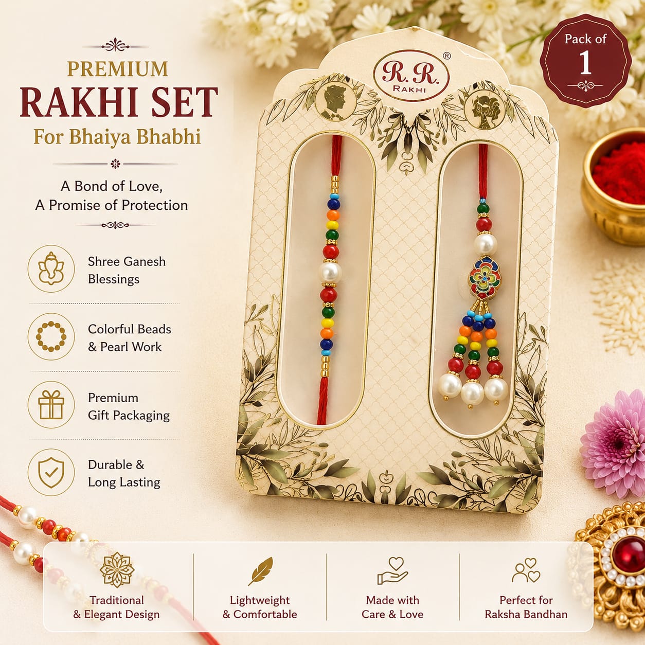 Premium Rakhi Set for Bhaiya Bhabhi | Colorful Beads & Pearl Work Rakhi Set