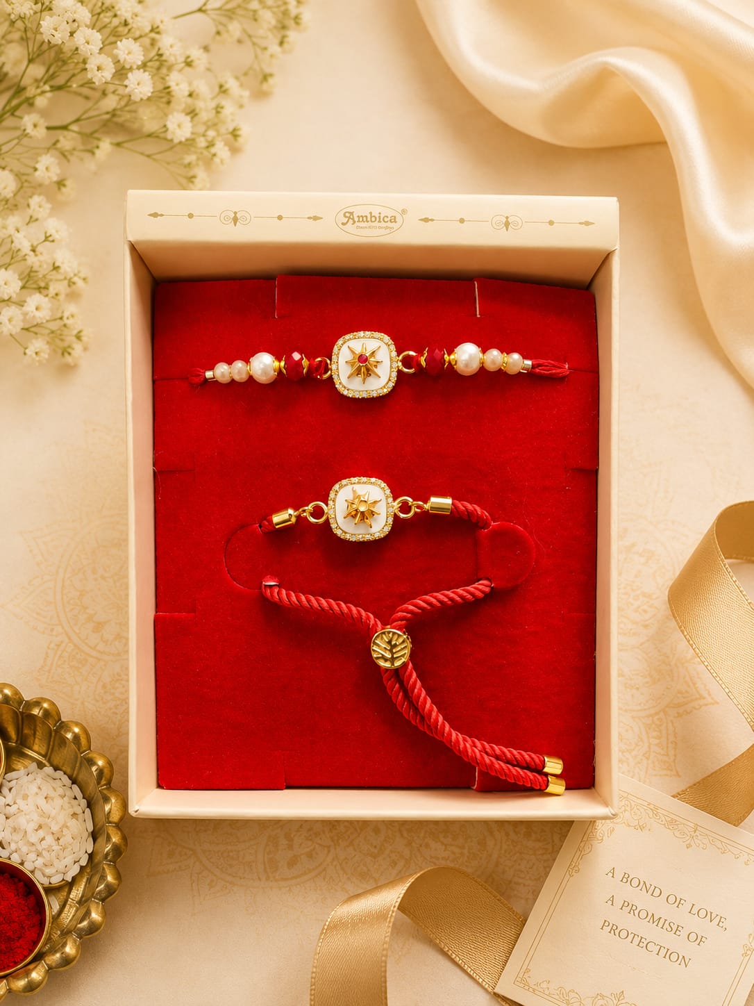 Premium Designer Gold Bhaiya Bhabhi Rakhi & Spinner Bracelet Set | Luxury Raksha Bandhan Gift Box