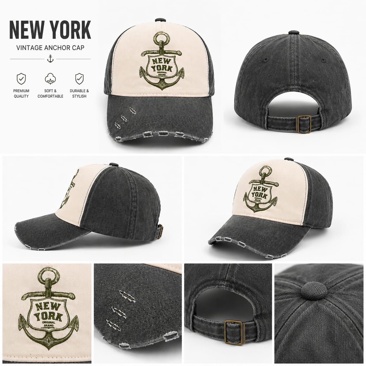 Vintage Anchor Embroidered Baseball Cap – Washed Distressed Adjustable Unisex Hat
